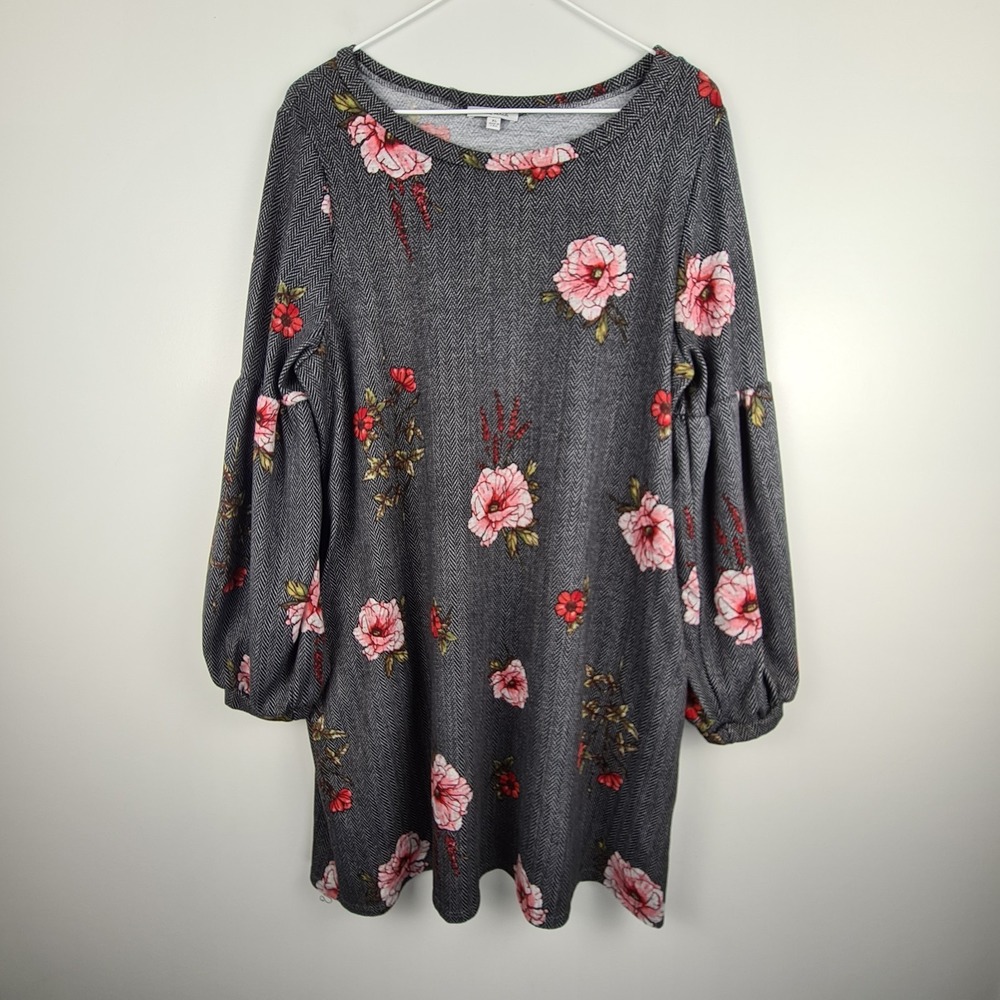 White Birch Womens Floral Long Bell Sleeve Flowy Dress Size XL Gray Soft Pockets